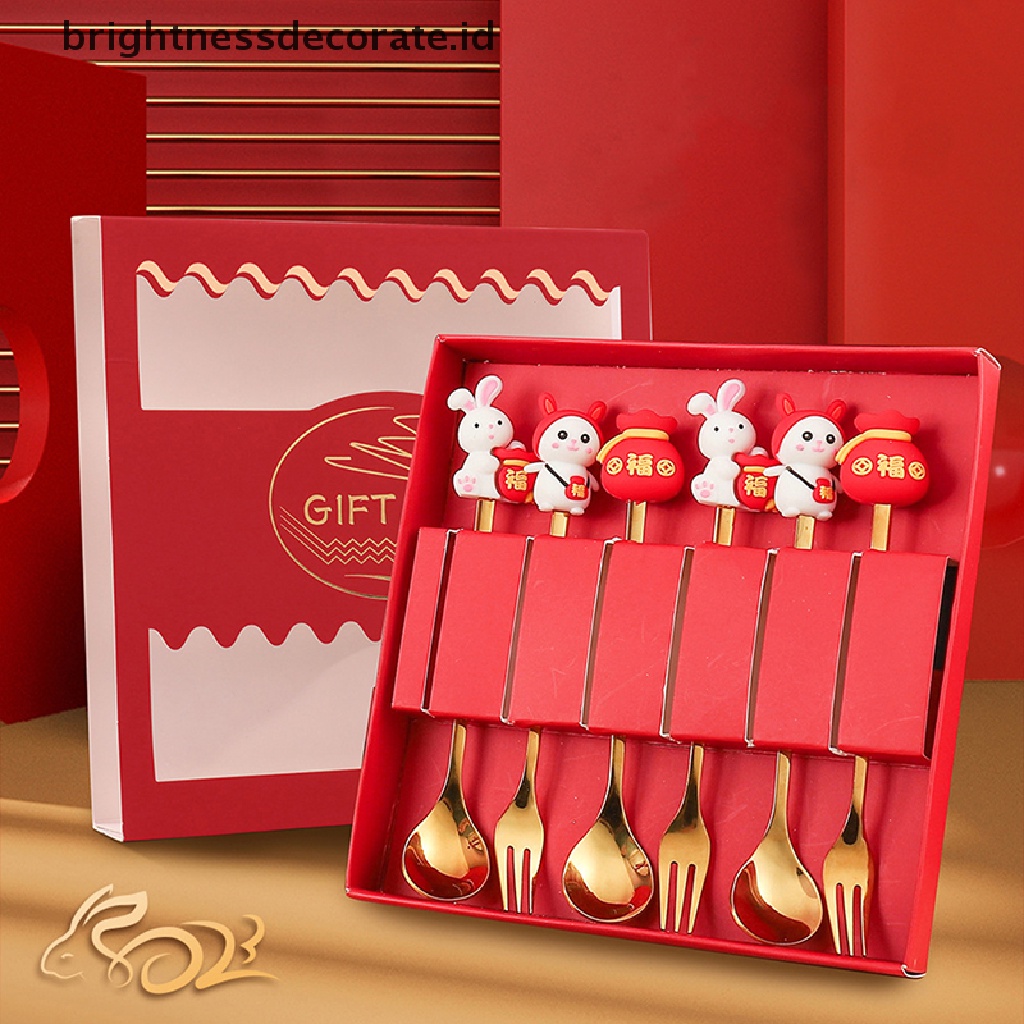 [Birth] Hadiah Imlek Alat Makan Sendok Kelinci Sendok Garpu Set Zodiak Dessert Spoon [ID]