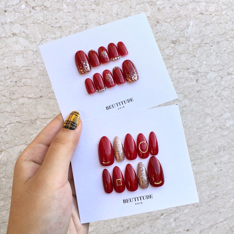 (READY) PREMIUM MAROON GOLD OMBRE GLITTER NAILS | kuku palsu press on nailart nailarts 3d marble abs