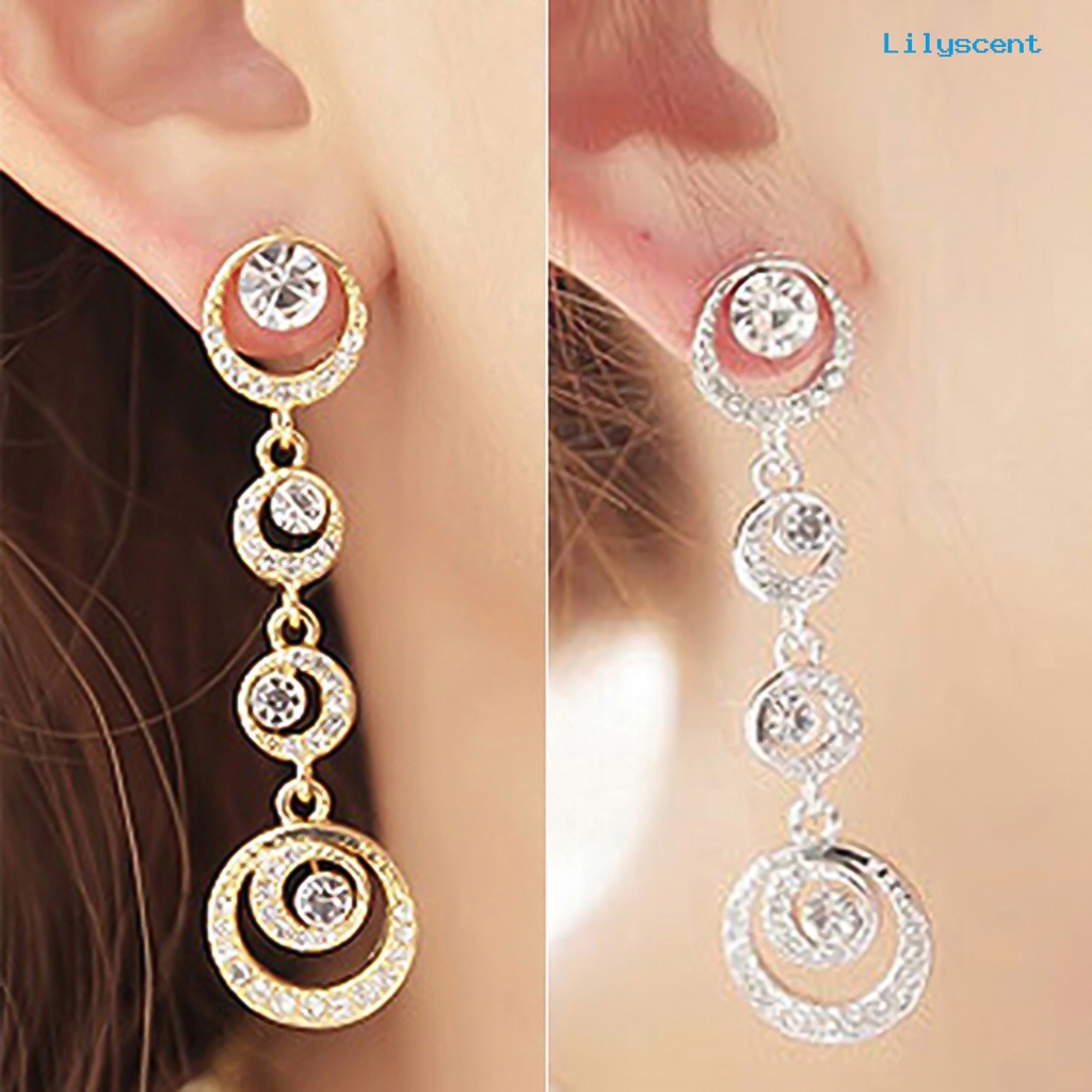 [LS] Anting Tusuk Lingkaran Menjuntai Mempesona Berlian Imitasi Wanita Panjang Drop Ear Studs Jewelry Untuk Pernikahan