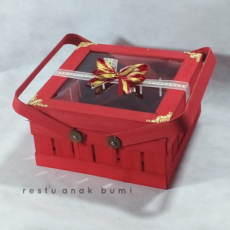 Box kue Packaging Premium quality 25cm mika kaca transparan merah emas kotak seserahan hampers unik 