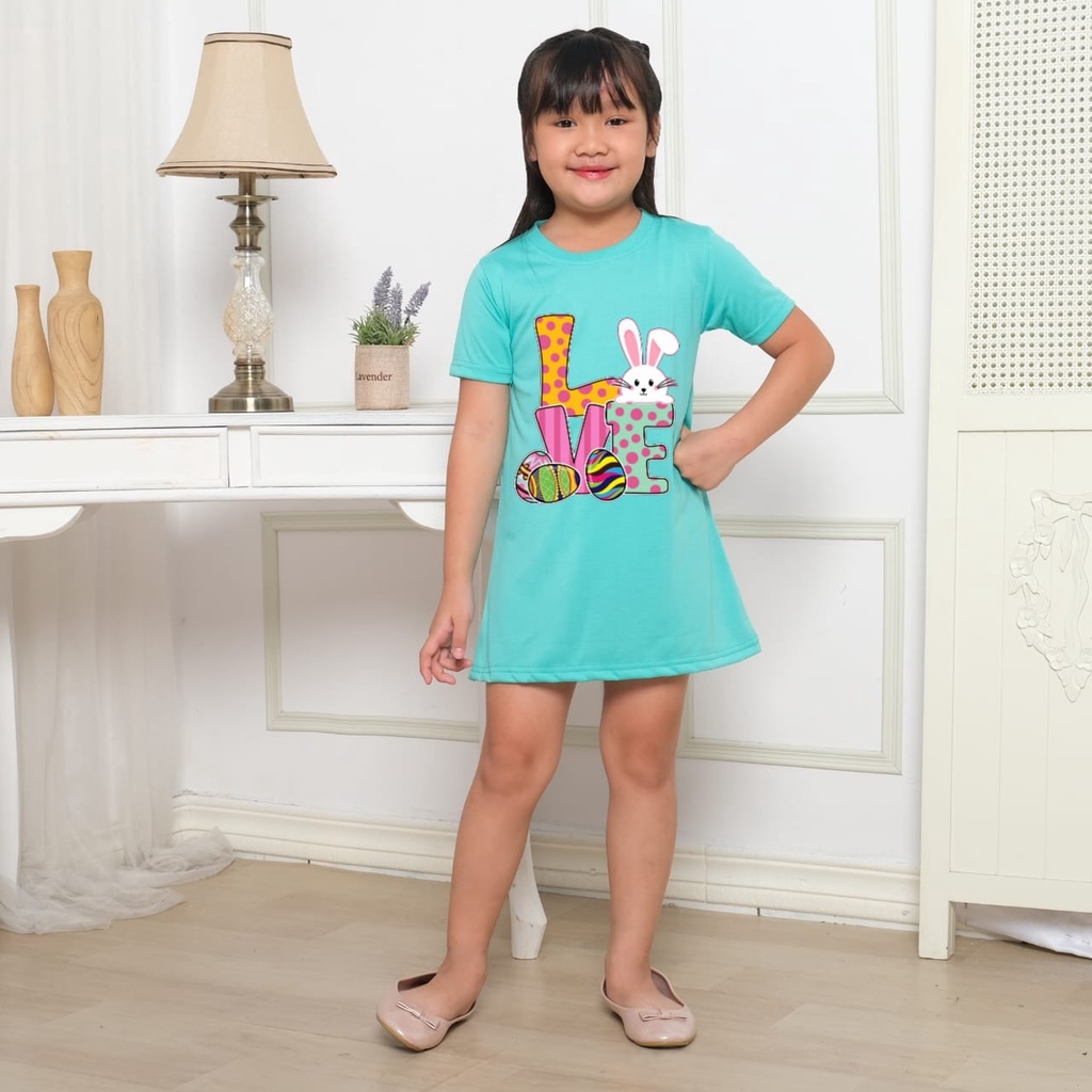 Hzl_outfit Dress For Girl Kids Love Bunny/ Dress Anak Anak Size/ M,L,XL