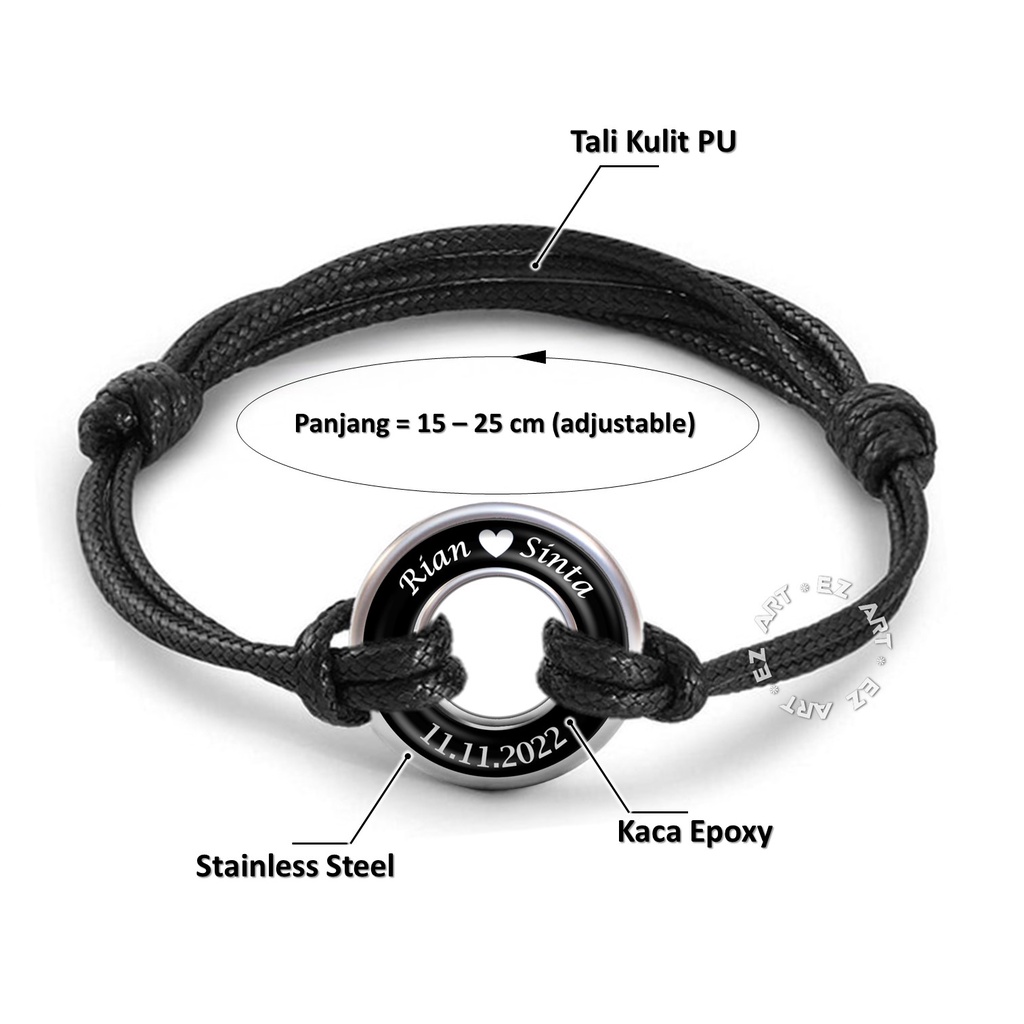 GELANG CUSTOM NAMA TULISAN PASANGAN COUPLE PERSAHABATAN RING PLAT CINCIN STAINLESS STEEL TALI KULIT KEPANG KOREA WARNA