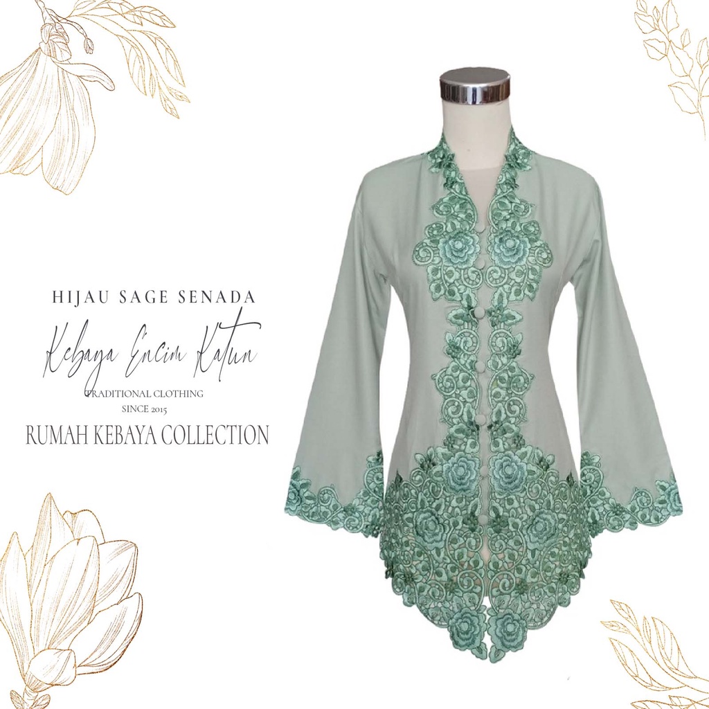 Kebaya Encim Kartini Katun Bordir Modern Hijau Sage Senada Salsabila Lengan Panjang Bigsize Jumbo