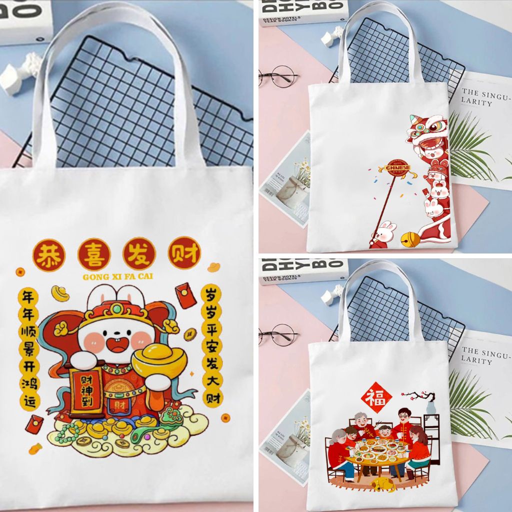 Totebag Imlek Sincia Goodie Bag Hampers Happy Chinese New Year Kanvas Tas Tote Bag Souvenir Lucu