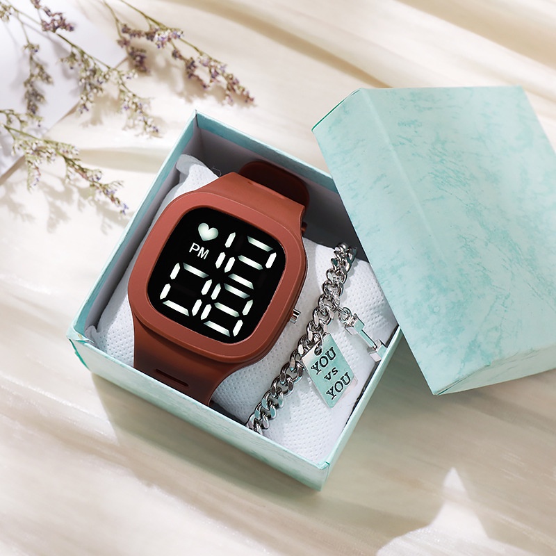 Jam Tangan Wanita A0199 Jam Elektronik Persegi-cokelat