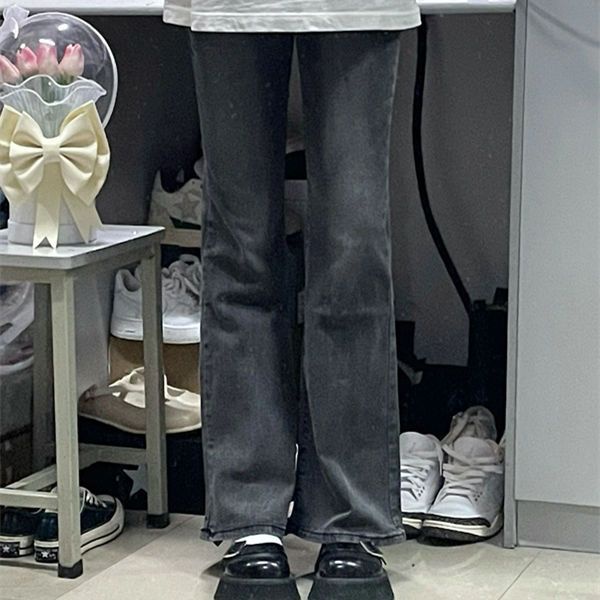 Red Plus beludru menebal pinggang tinggi elastis flared jeans wanita abu-abu berasap retro tipis high street micro flared celana in pasang