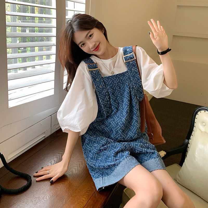 Red Setelan overall denim wanita 2022 baru susu kecil manis pinggang tinggi lurus setelan celana pendek kaki lebar longgar