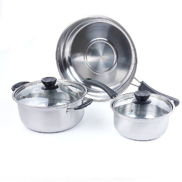 Panci Set Tutup Kaca Wajan Penggorengan 3pcs Frypan Stainless Alat Masak Set Praktis