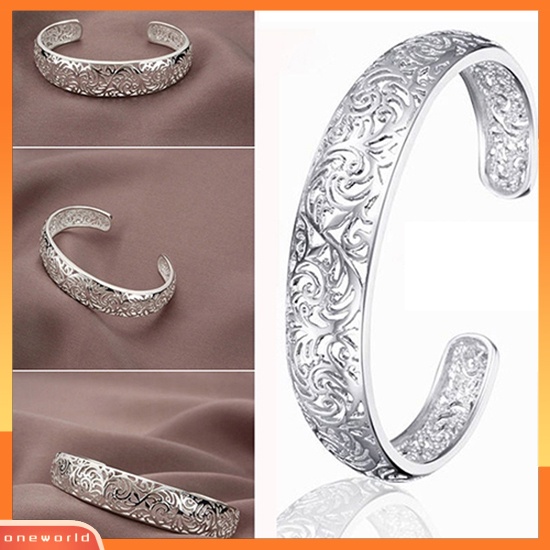 {oneworld} Gelang Cuff Bukaan Pengerjaan Indah Hollow Warna Silver Motif Ukir Retro Bangle Untuk Pesta