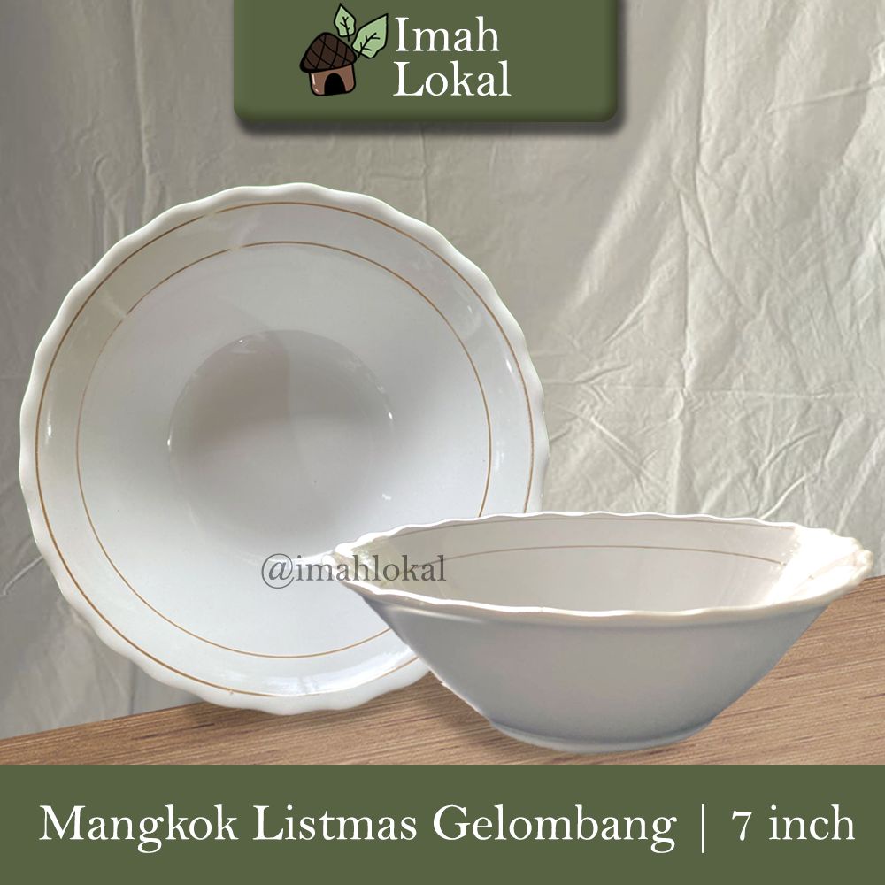 12 Pcs Mangkok Makan Keramik 7 inch List Emas Gelombang Putih lilia