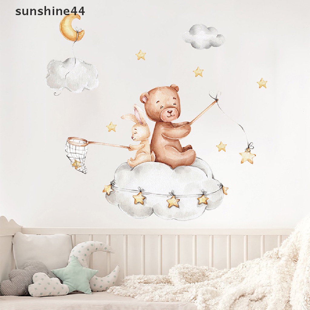 Stiker Dinding Motif Bulan Bintang Sunshine Bear Bunny Baby Kids Kamar Wallpaper Dekorasi Rumah.