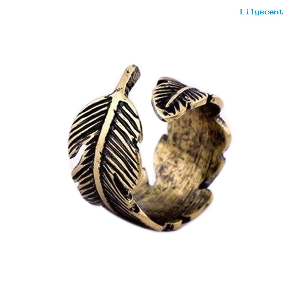 [LS] Cincin Terbuka Etsa Daun Bulu Adjustable Bronze Antik Unisex Opening Ring Jewelry Untuk Pesta