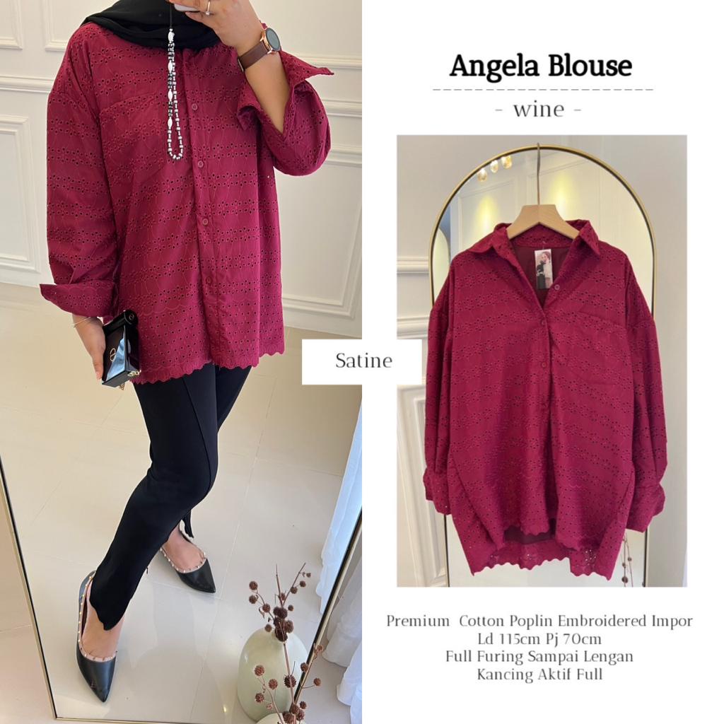 ANGELA BLOUSE BY SATINE TOP ATASAN BLOUSE WANITA CASUAL POLOS BAHAN PREMIUM COTTON POPLIN IMPORT EMB