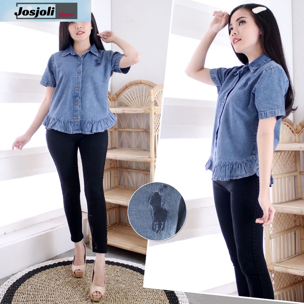 JOSJOLI_STORE/Kemeja Jeans Aurora, Bella, Merlin,Okie dan Most/Atasan Wanita Dewasa Lengan Pendek/Fit M to L