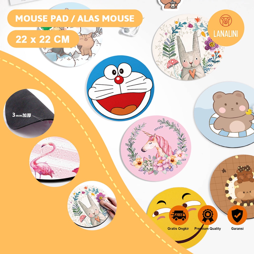 Mouse Pad Alas Mousepad Bundar Bulat Laptop Macbook Asus HP Lenovo IPad Tablet Gaming Anti Slip Geser Lentur Waterproof Tahan Air Gambar Unicorn Cat Rabbit Bear Motif Karakter Lucu Cute Warna Pink Blue Kuning Coklat Pastel Korean Style Murah