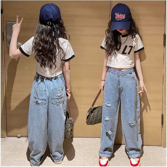 Setelan anak PEREMPUAN CROP SET import VOLT + CELANA JEANS TEBAL KEKINIAN setelan anak teenageR