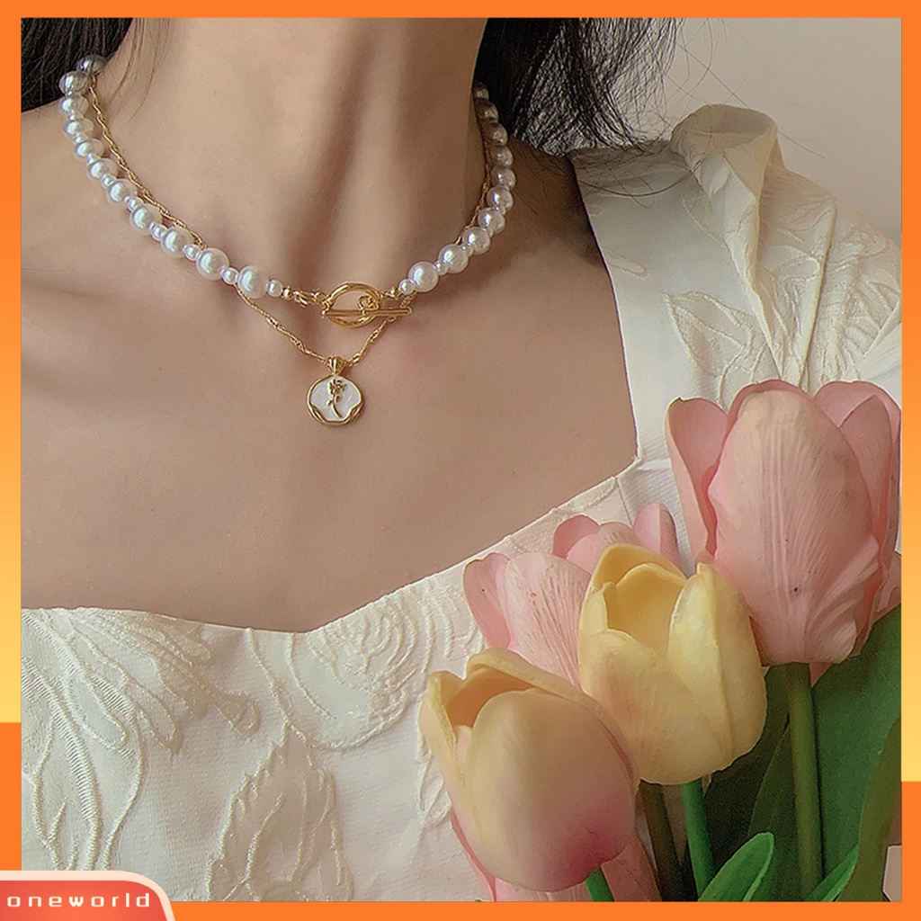 [ONWL] 2pcs/set Wanita Kalung Gaya Perancis Retro Elegan Rose Liontin Hadiah Lapisan Ganda Mengkilap Tinggi Mutiara Imitasi Klavikula Kalung Perhiasan Aksesoris