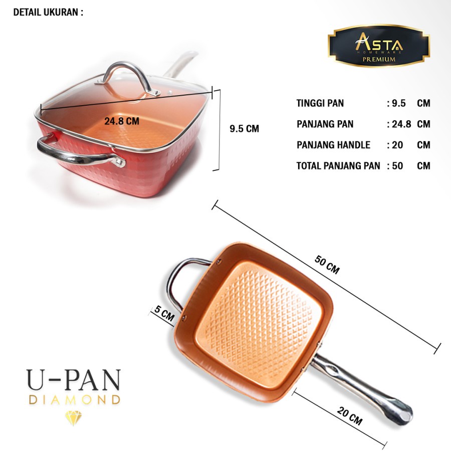 U-Pan Diamond Square Pan With Lid 24CM 6 IN 1 Panci Kotak / PENGGORENGAN