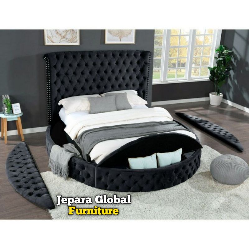 Dipan Tempat tidur dewasa Queen round button jok (dipan modern,dipan jok jati,dipan storage)