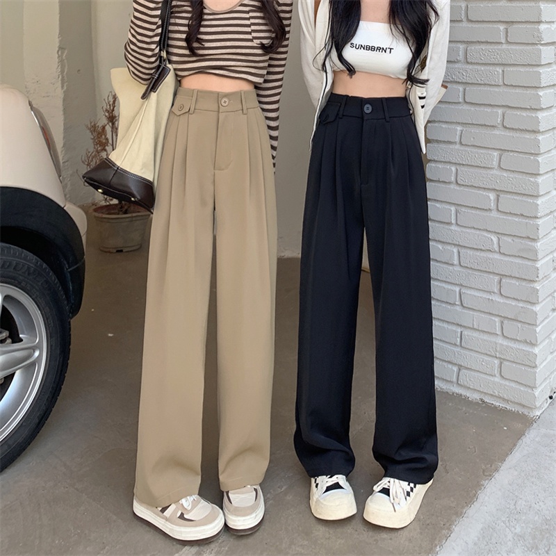 Khaki / Hitam Highwaist Kasual Loose Celana Panjang Wanitan / Celana Setelan Korea Style