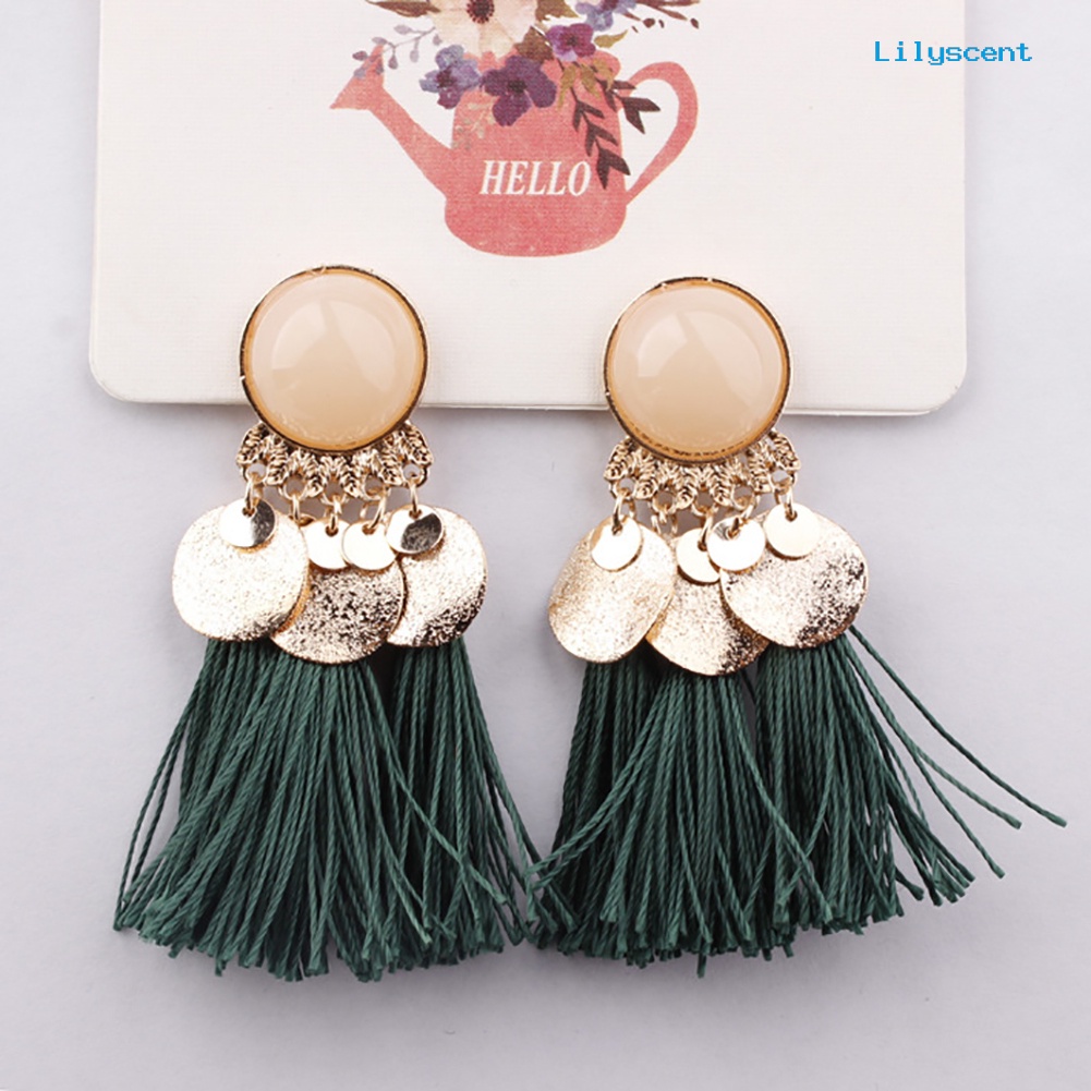 [LS] 1pasang Wanita Bohemian Jumbai Sequin Ear Stud Menjuntai Anting Perhiasan Perjamuan