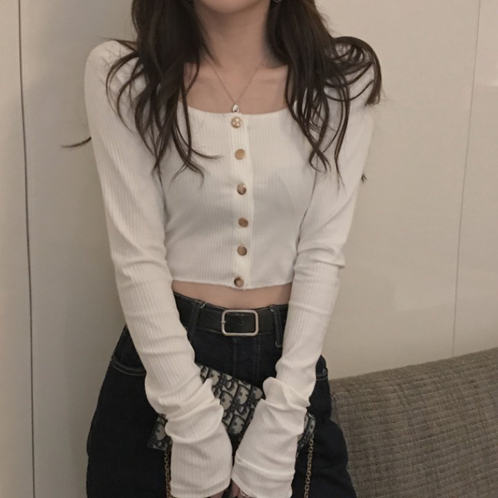 Red 2022 Awal Musim Semi Baru Net Merah Satu Kata Kerah Pendek Seksi Kemeja Dewi Temperamen Slim Lengan Panjang T-shirt