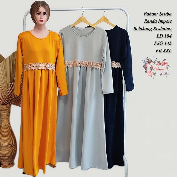 Gamis Syari Bahan Scuba Tebal | Gamis Maxy Variasi Renda | Long Dress Polos Resleting Belakang Baju Muslim Wanita Kekinian Elegan