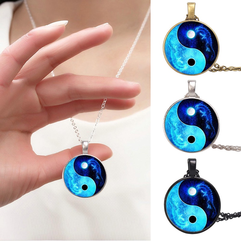 Kalung Rantai Dengan Liontin Batu Permata Desain Naga Bulan Yin Yang Tai Chi Untuk Sweater