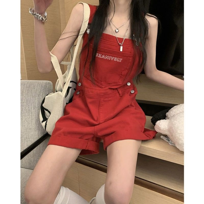 Red Suspender Denim Pendek Gaya Manis Dicetak Longgar Celana Wanita Musim Panas Baru Pinggang Tinggi Tipis Roll Lebar Kaki Celana