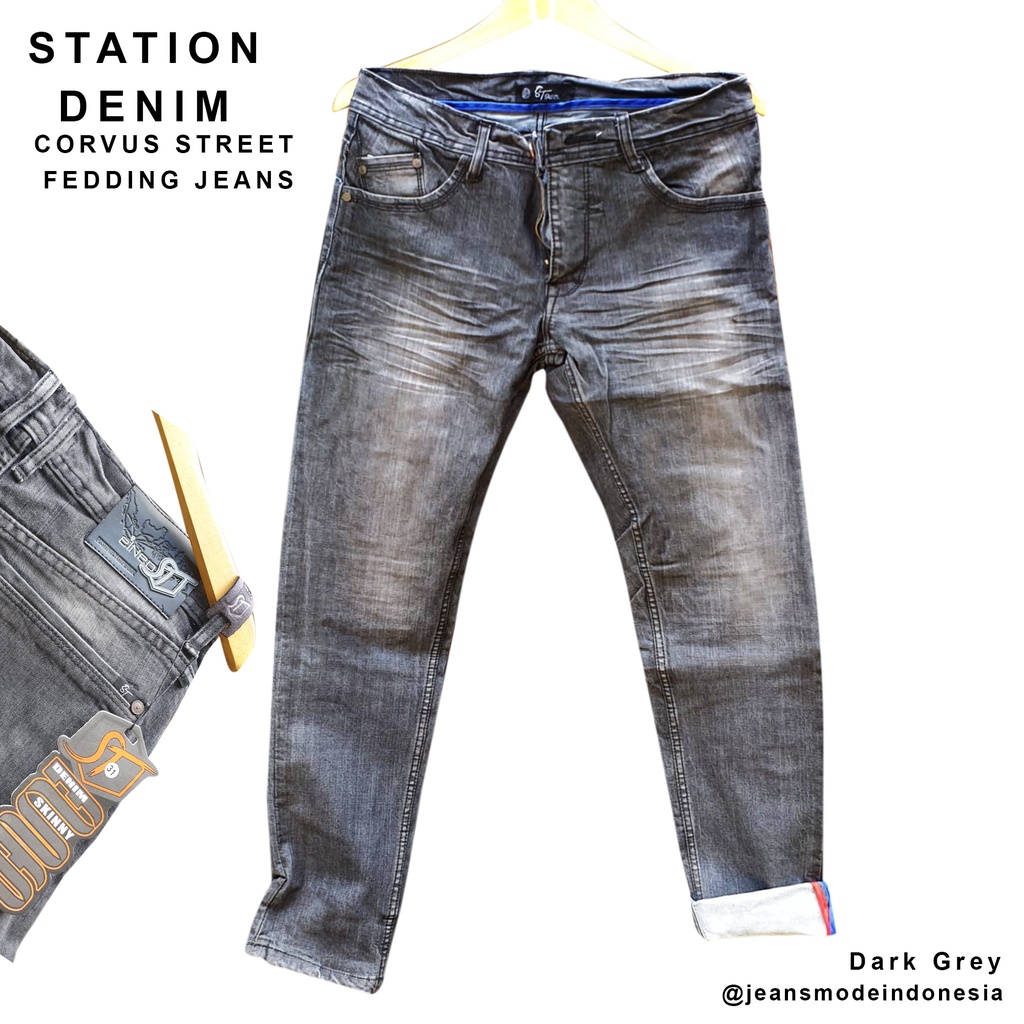 Dark grey jeans panjang pria premium melar street jeans terbaru fedding selved