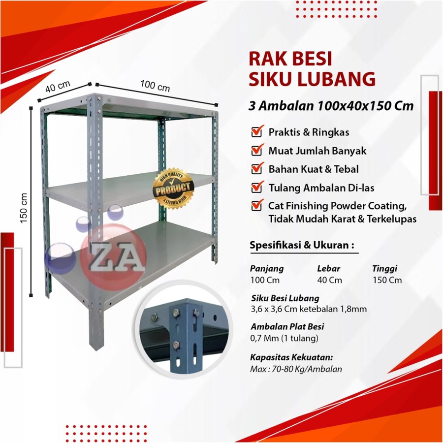 Rak Besi Siku Lubang Buku Gudang Serbaguna 3 Ambalan Susun 100x40x150cm
