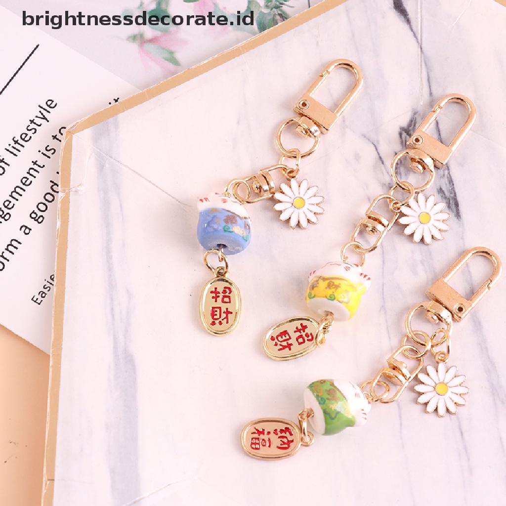 [Birth] New Maneki Neko Cute Ceramics Lucky Cat Keychain Aksesoris Gantungan Tas Mobil [ID]