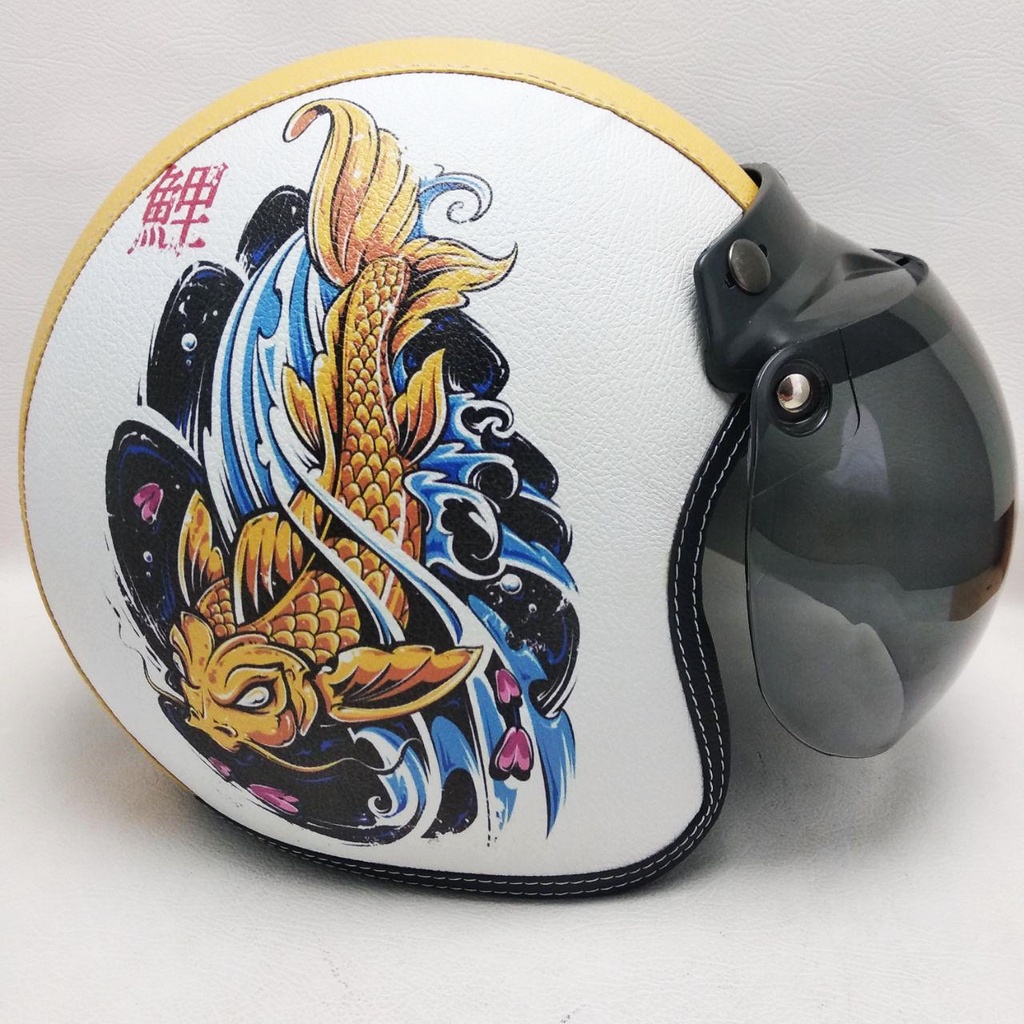 Helm Retro Bogo Kulit Motif Ikan Koi Kuning Wanita/Lakilaki Dewasa/Anak