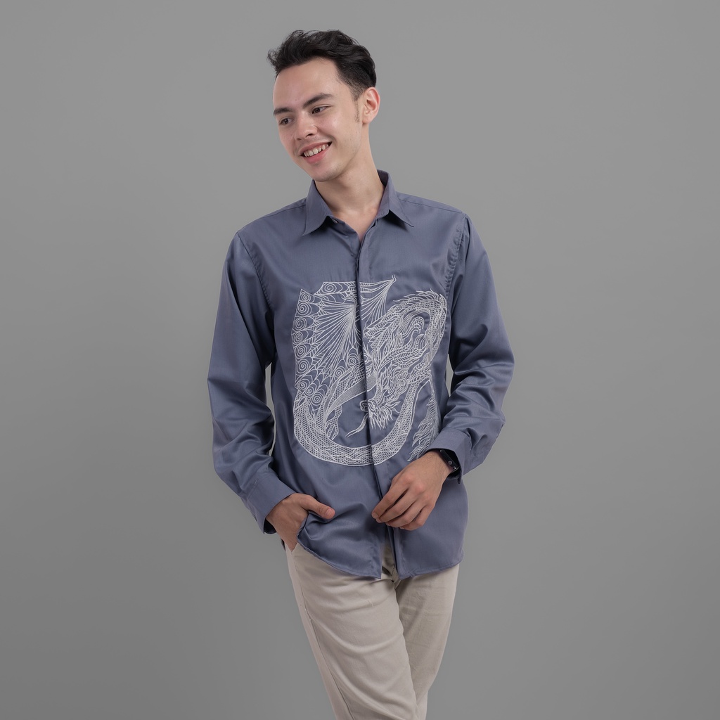 DGM Kemeja Pria Lengan Panjang Premium Grey Toyobo Bordir Naga 1906