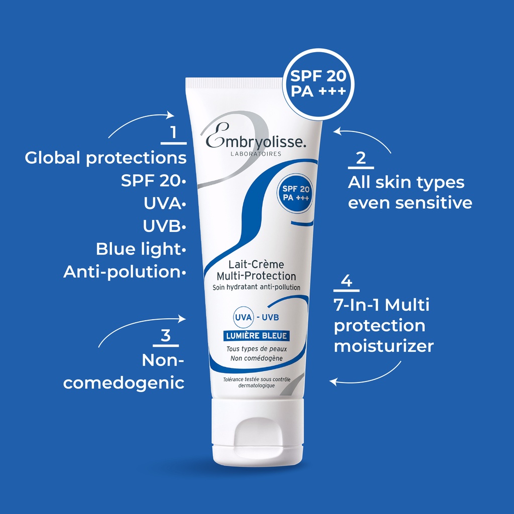 Embryolisse Lait-Creme Multi-Protection 40ml – 7 IN 1 : Pelembab Moisturizer Wajah + Makeup Cleanser Remover + Makeup Base Primer + Masker + Suncare + Cream After Shave + SPF20  Sun &amp; Blue Light Protection - Rekomendasi MUA dan Artist Hollywood - 1x