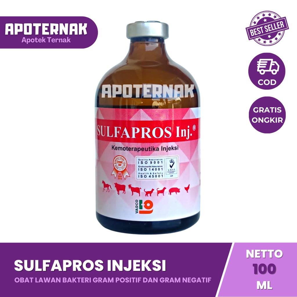 SULFAPROS Injeksi (Seperti Colibact) | Obat Antibiotik Hewan Diare Batuk Pilek | Infeksi Saluran Pencernaan Pernafasan Kemih | VADCO | Apoternak