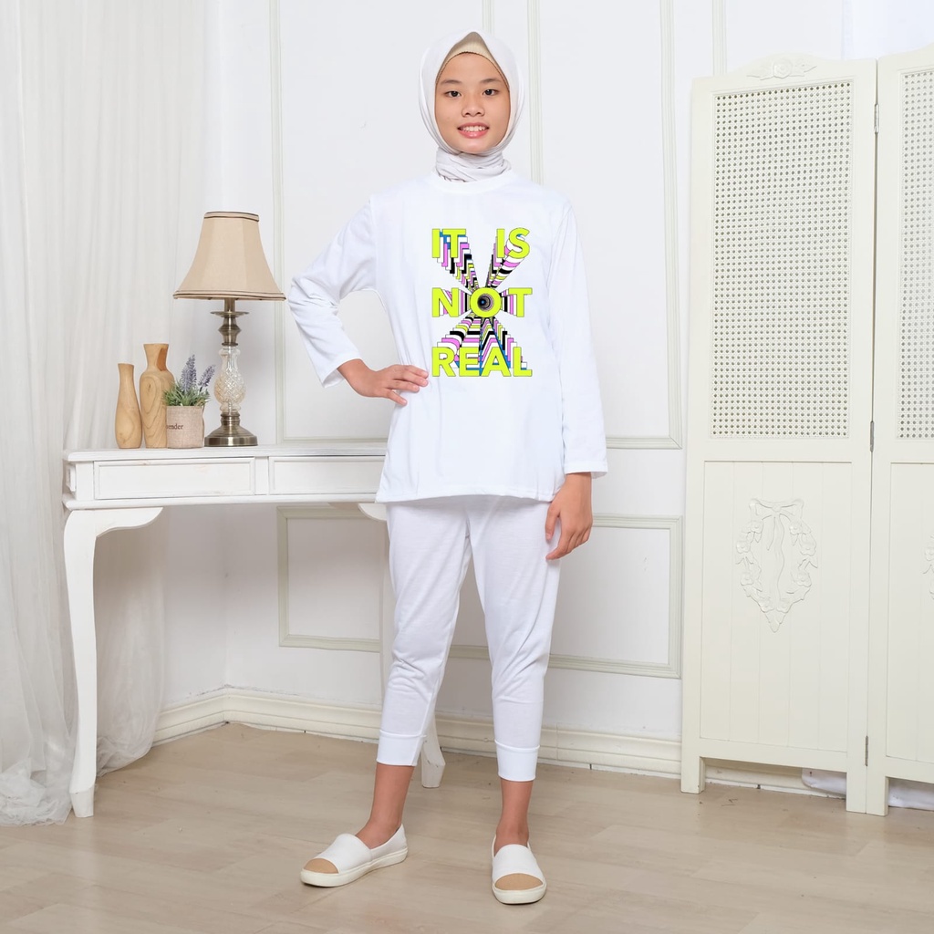 Hzl_outfit Baju Setelan Panjang Anak Perempuan IT IS NOT REAL/ Setelan Baju Kaos Lengan Panjang