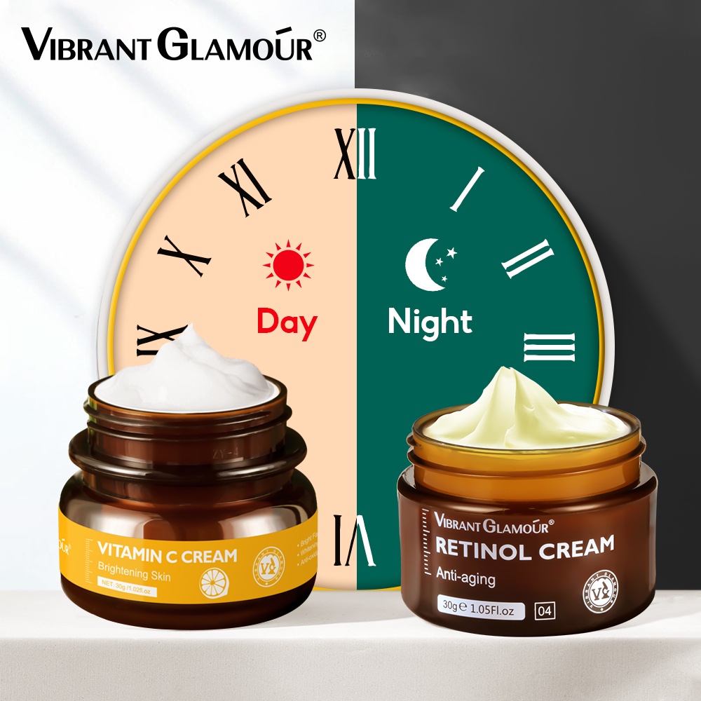 VIBRANT GLAMOUR Retinol Cream+Vitamin C Cream Untuk Memutihkan dan mencerahkan Kulit,Retinol Cream Untuk Menghilangkan Kerutan dan Flek Hitam Jerawat Krim Wajah - Krim Pelembab Siang dan Malam 30g