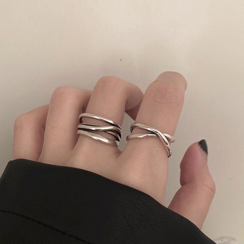 Papaozhu 2 Pcs Vintage Perak Garis Geometris Terbuka Cincin Set Untuk Wanita Pria Unisex Fashion Memutar Cincin Jari Manset Perhiasan