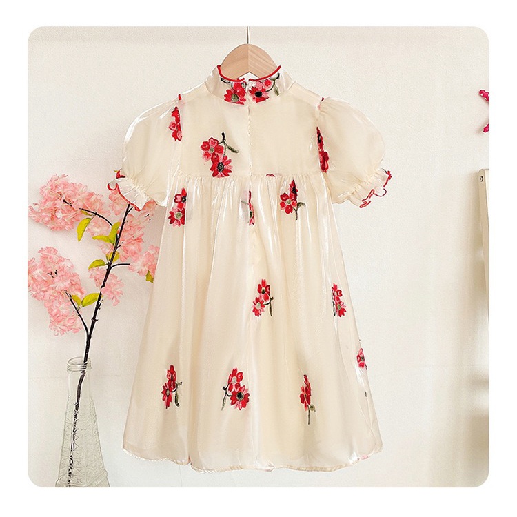 Dress Anak Perempuan Cheonsam Satin Merah Cream Mutiara Impor Premium