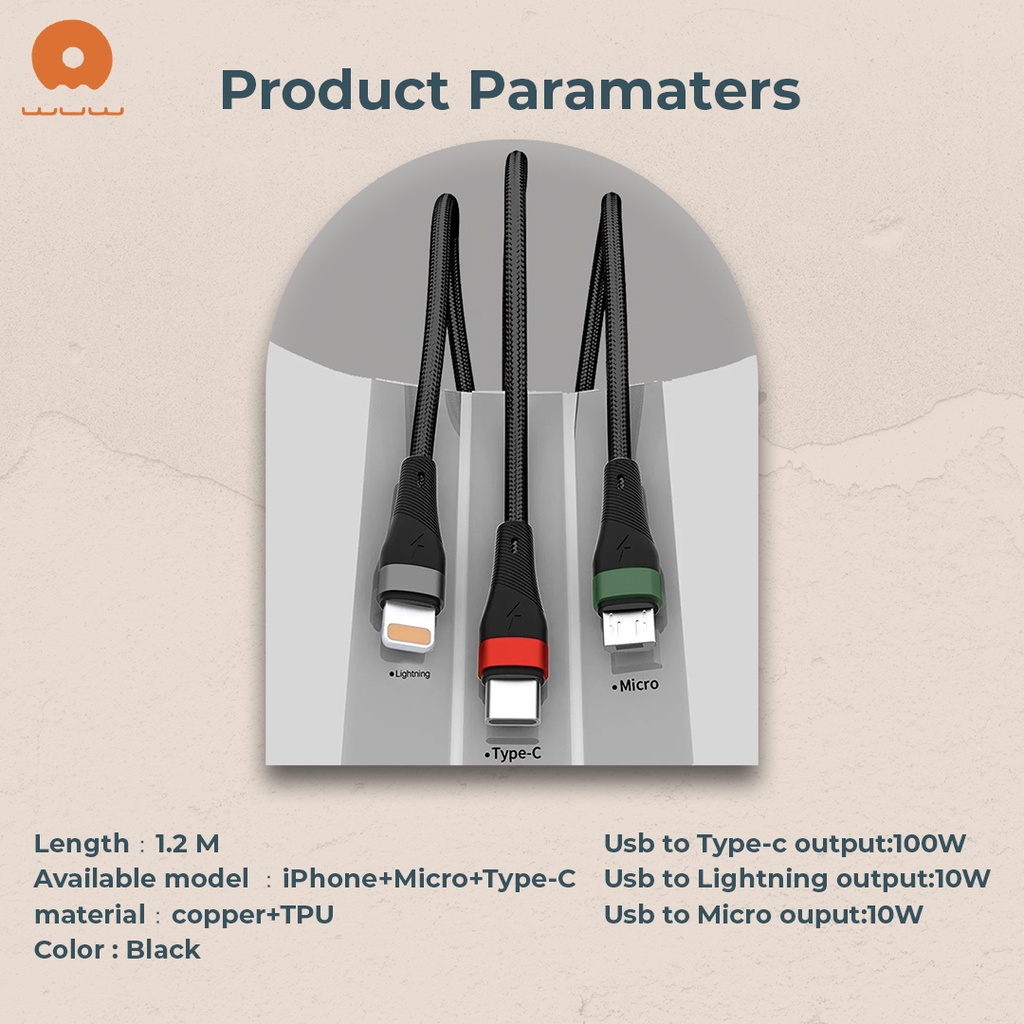 WUW-X190 KABEL DATA 3IN1 FAST CHARGING 100W USB A TO TYPE C/LIGHTNING/MICRO