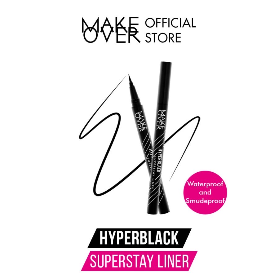 MAKE OVER Hyperblack Superstay Liner Indonesia / Eyeliner 1g / Waterproof Smudgeproof Intense Color Flexible Brush Tip / Anti Air Tahan Lama / Variasi Warna Black Hitam / Makeup Cosmetic Eye Make Up Kosmetik Kelopak Mata Alis / Makeover Hyper Black Series