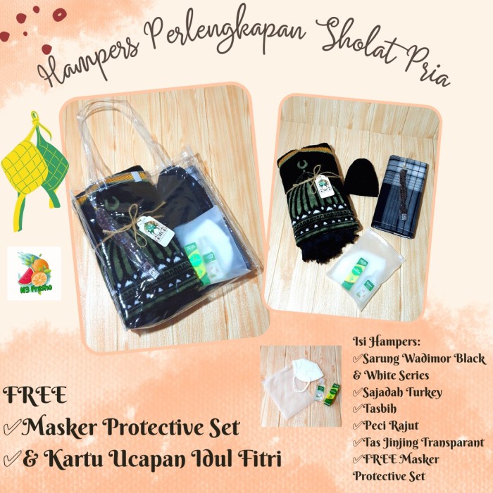 Hampers Parsel Perlengkapan Sholat Wanita Mukena Sajadah Sarung Pria