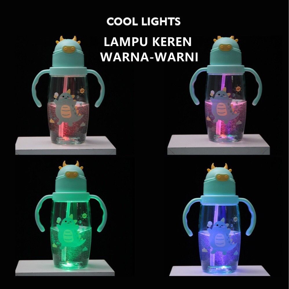 [TULALA SHOP]BOTOL ANAK MOTIF SAPI DENGAN LAMPU LED KARAKTER 550ML 2 IN 1 TALI DAN GAGANG/BOTOL MINUM ANAK LED