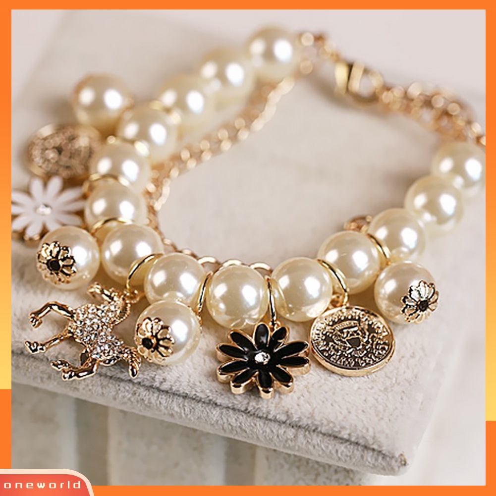 {oneworld} Horse Flower Charm Wanita Gelang Mutiara Imitasi Pesta Bangle Hadiah Fashion Perhiasan