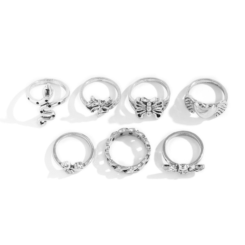 7pcs/set Vintage Cincin Logam Warna Silver Untuk Wanita Spider Heart Butterfly Mushroom New Arrival Rings