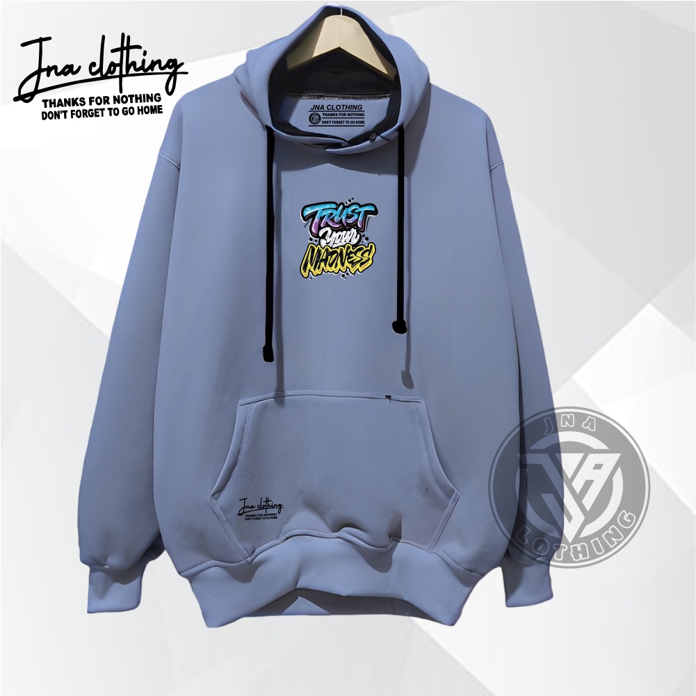 JNA Sweater Hoodie Pria Wanita Denim TRUST YOUR MADNES Oversize Tebal Original Brand Local Bandung Terbaru Terpopuler Terlaris Masa Kini