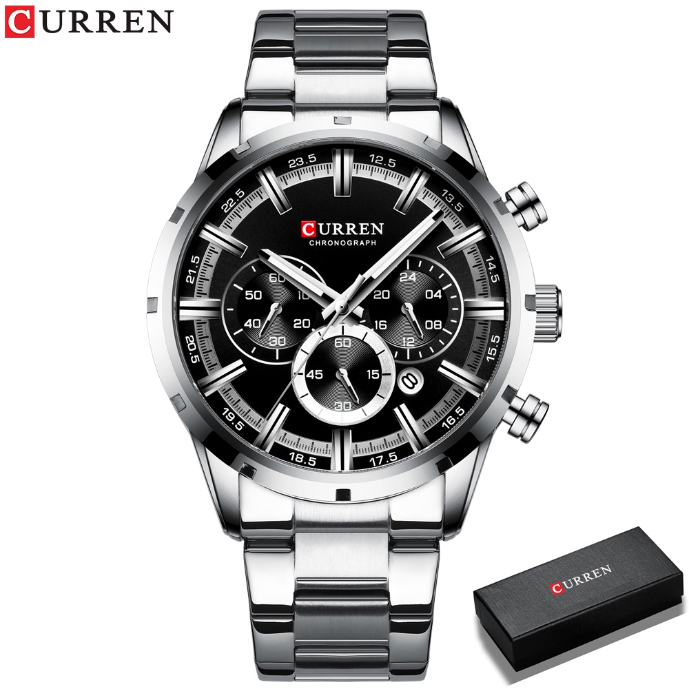 CURREN Jam Tangan Pria Analog Stainless Steel Chronograph Aktif Luminous Hand Jam tangan Kuarsa Kalender Multifungsi