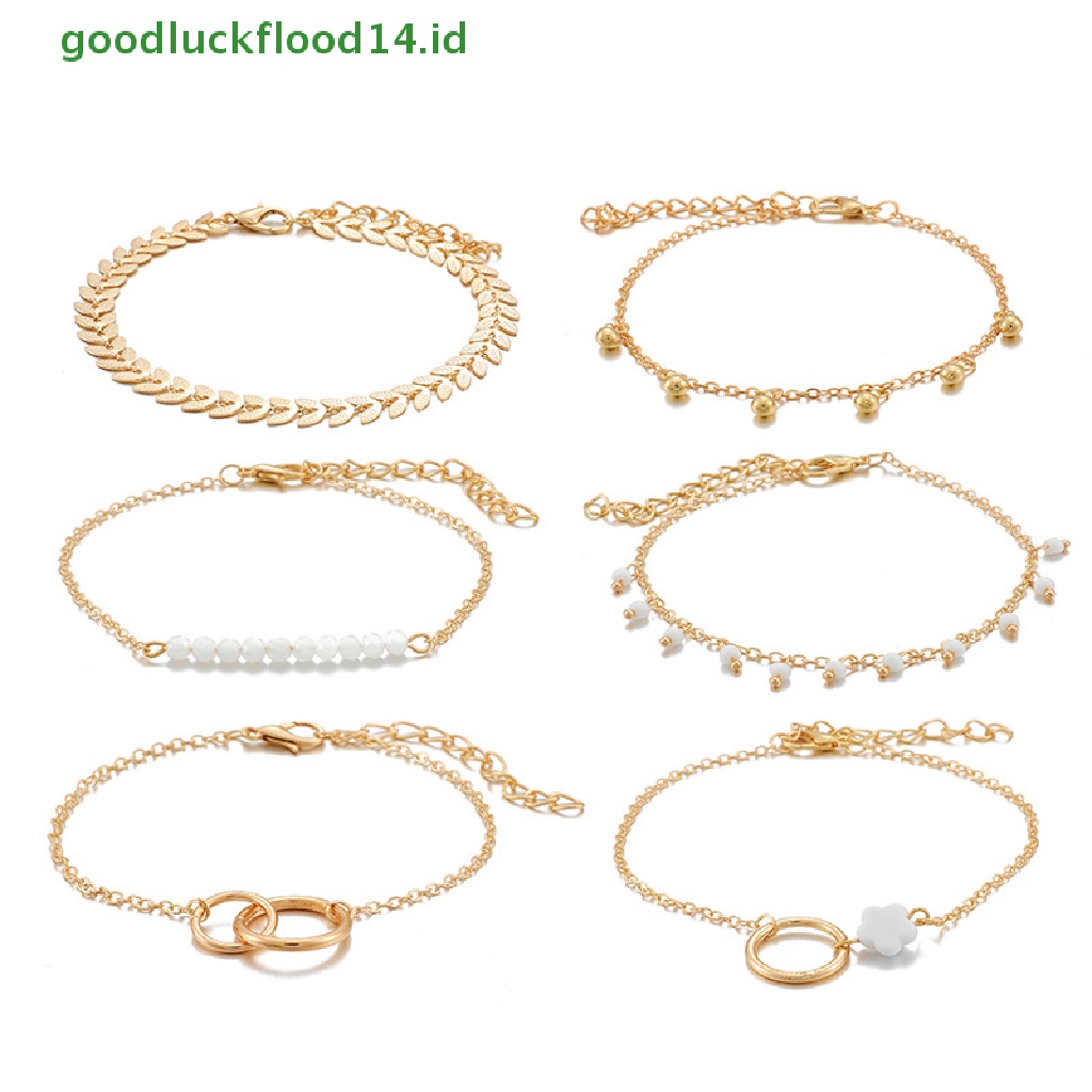 [GOOGFOUR] 6pcs/set Gelang Boho Set Wanita Jumbai Daun Rantai Melingkar Bangle Perhiasan [TOP]