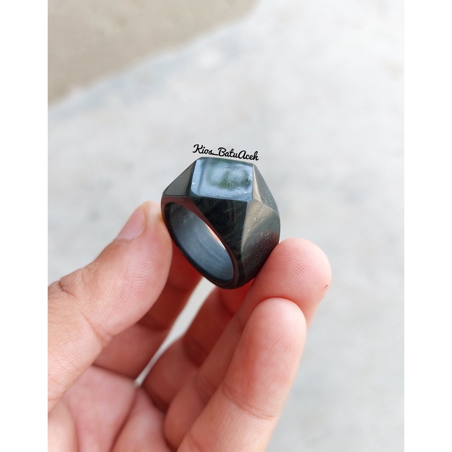 Cincin Giok Batu Black Jade Asli Aceh Cutting Segi Lima